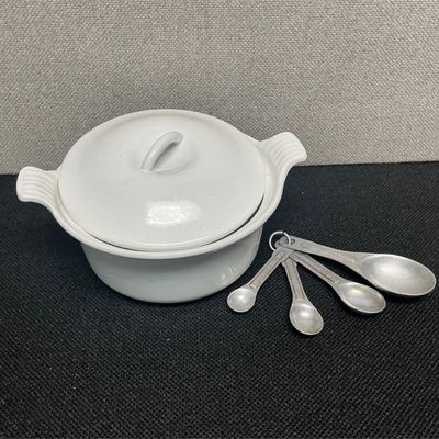 Sale Photo Thumbnail #174: Lot # : 195 - White Le Crueset Pot and Tablespoons
