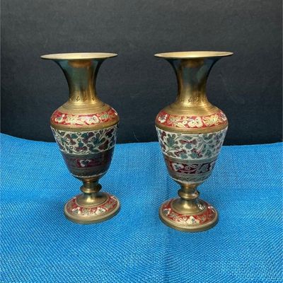 Sale Photo Thumbnail #78: Lot # : 86 - Pair of Etched Painted Brass Vases
