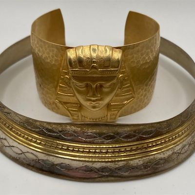 Sale Photo Thumbnail #5: Lot # : 10 - Egyptian Gold-Tone Cuff Bracelet & Metal Neck Cuff
