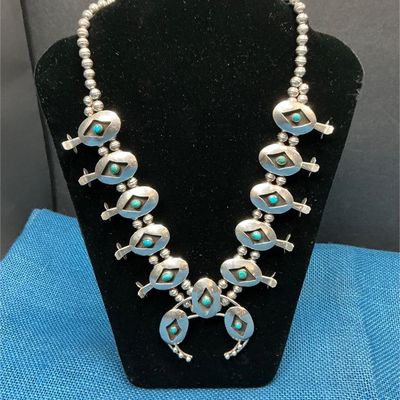 Sale Photo Thumbnail #52: Lot # : 59 - Native American Squash Blossom Turquoise Necklace
