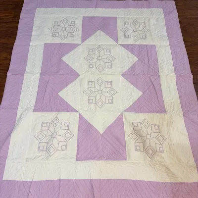Sale Photo Thumbnail #73: Handmade Lavender & White Embroidered Star Medallion Quilt – 70” x 82”