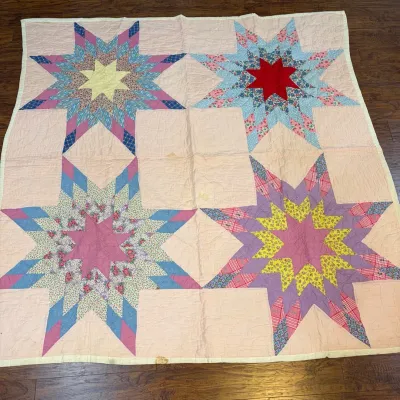 Sale Photo Thumbnail #74: Handmade Vintage Four-Star Quilt – Carpenter’s Star / Blazing Star Variation – 78” x 78”