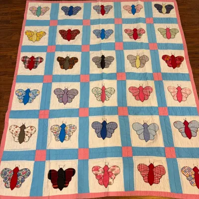 Sale Photo Thumbnail #76: Handmade Vintage Butterfly Appliqué Quilt – Colorful Patchwork Design – 62” x 74”