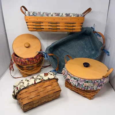 Sale Photo Thumbnail #121: LONGABERGER HANDWOVEN BASKET COLLECTION - 5 BASKETS WITH LINERS, LIDS & LEATHER HANDLES