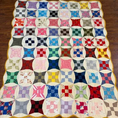 Sale Photo Thumbnail #75: Handmade Vintage Patchwork Quilt with Scalloped Edge – 60” x 74”
