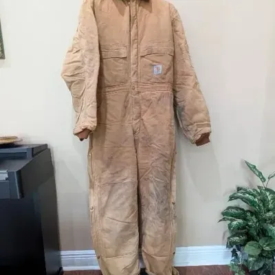 Sale Photo Thumbnail #116: Vintage Distressed Carhartt Insulated Duck Coveralls - Tan (c. 1985–1988) - Size 42 Tall