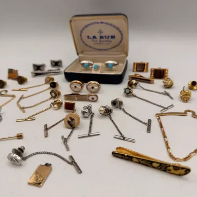 Sale Photo Thumbnail #66: Vintage Men’s Jewelry Lot Cufflinks Tie Bars Tie Tacks Sterling L.A. Rue Box
