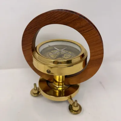 Sale Photo Thumbnail #4: BRASS & WOOD DECORATIVE DESK COMPASS ON GIMBAL STAND
