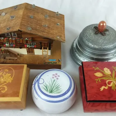 Five Vintage Music Boxes: Wood Chalet, Ceramic, Lacquered and Domed Designs