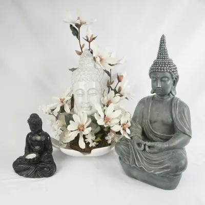 3 Buddha Decor Pieces: Floral Head Centerpiece & 2 Seated Statues
