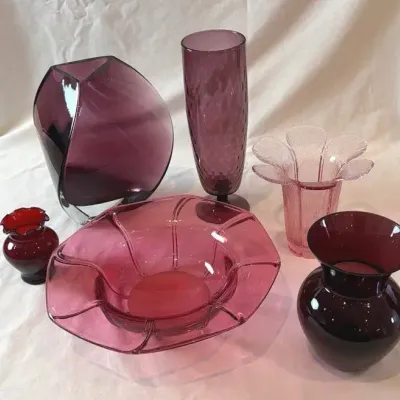 Dansk Art Glass Vase, Anchor Hocking Vase, & Pink-Purple Glass Décor - 6 Pieces