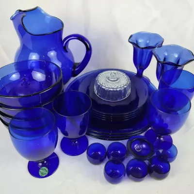 LENOX Cobalt Blue Vintage Glass Dinnerware, Pitcher, Goblets, and Serving Pieces