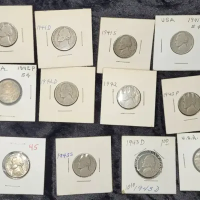 Jefferson Nickel Set, 1941-1945, Individually Carded and Dated