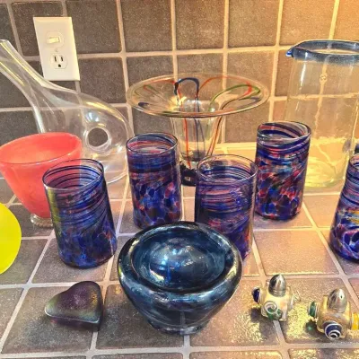Hand Blown Art Glass, Colorful Bowls, Glasses, Decor