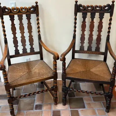 Pair Of Antique Carolean Style Oak Armchairs W/Barley Twist Supports