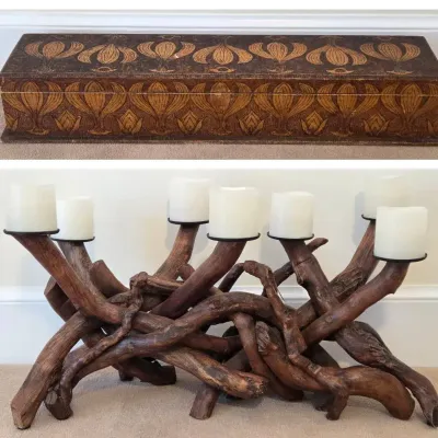 Driftwood Candelabra & Floral/Bulb Pyrography Wooden Box