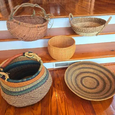 5 Handmade Woven Baskets; African, Colonial Style +