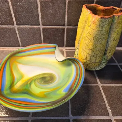 Handmade Roku Pottery Vase & Art Glass Bowl