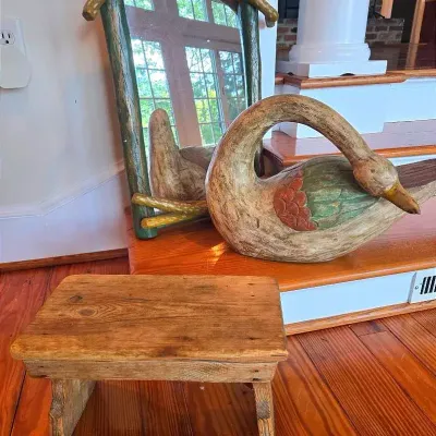 Handmade Wooden Folk Art Swan, Branches Mirror, & Stool