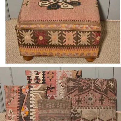 Vintage Kilim-Covered Ottoman & Matching Throw Pillows