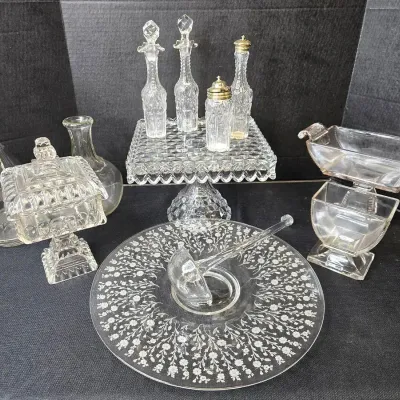 Fostoria Cake Plate, Etched Glass, Decanters, Vintage Glassware