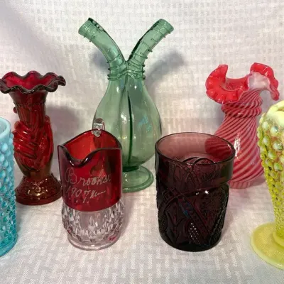 Collection Of Vintage Colored Glass Vases - Fenton Hobnail & More