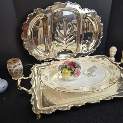 Vintage China, Silver Plate Platters, Global Figurines 