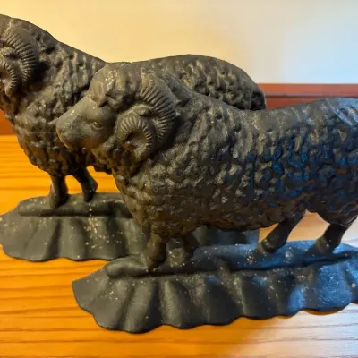 2 Vintage Cast Iron Ram Doorstops