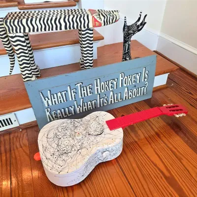 Hand Painted Whimsical Decor: Cat Stool, Guitar, Sign