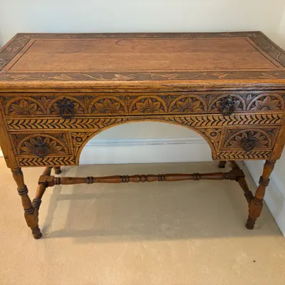 English Revival Carved Oak Writing Desk