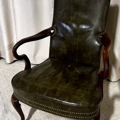 Green Leather Queen Anne Style Chair