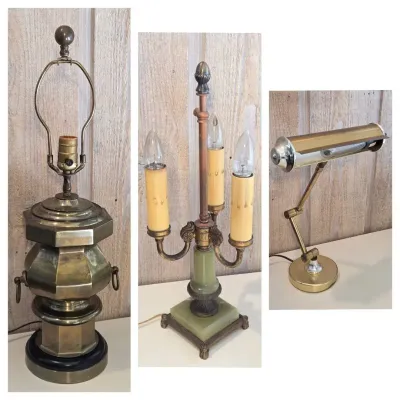 (3) Vintage Table Lamps: Brass, Banker's Desk Lamp, & Green Onyx Candelabra