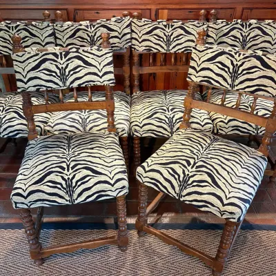 6 Vintage Banes Upholstery Co Chairs W/ Animal Pattern Slip Covers