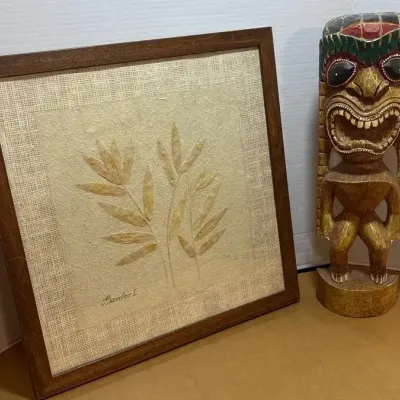 Carved Tiki Totem and Bamboo Framed Wall Art 