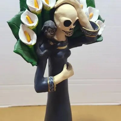 Signed Clay Oaxacan Statue Of Female Figure With callas & Monkey