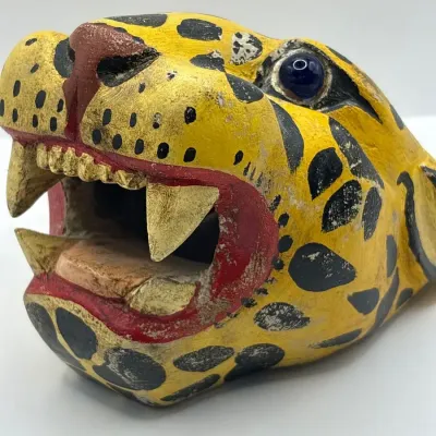 Carved Panther Head Wall Mount Folk Art with Glass Eyes