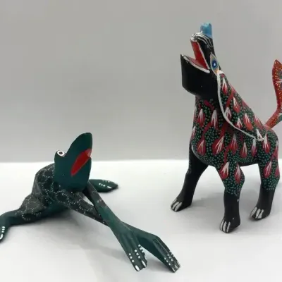Small Oaxacan Painted Wood Alebrije Figures- Frog and Coyote 