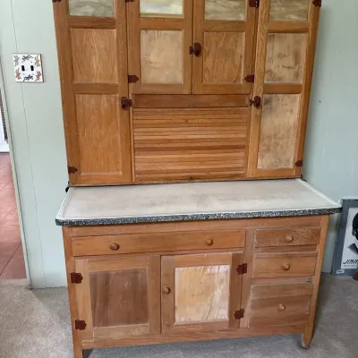 2-Piece Hoosier Cabinet with Metal Countertop and Slag Glass Detail 