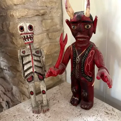 Day of the Dead Folk Art Jointed Skeleton and Carved Devil (Diablo)