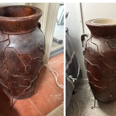 Pair of Large Terracotta Planters with Metal Leaf Frames 