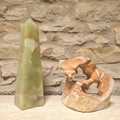 Green Onyx Obelisk (12") & Sandstone Sculpture