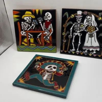 Mexican Dia De Los Muertos Clay Painted Tiles 