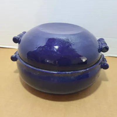 Lg. Blue Double Bowl Hand-made Pottery 