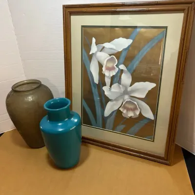 Gold Floral Print in Bamboo Design Frame and Vases- Brilliant Blue from Portugal & Embossed Flowers