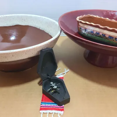Tiny Coffin w/ Moving Skeleton, Vintage Speckle Bowl,  Mexican Dish, Etc