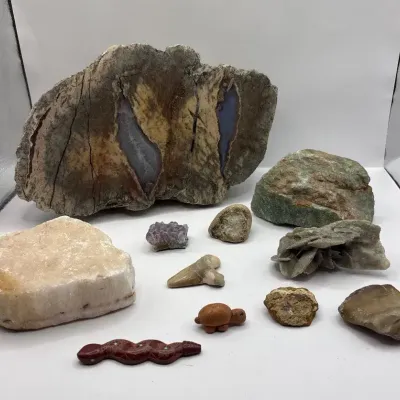 Large Geode Slab/Chunk with other Rocks, Shark Tooth and Clay Figures 