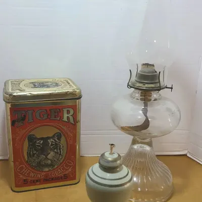 Vtg Tiger Tobacco Tin, 2 Oil Lamps