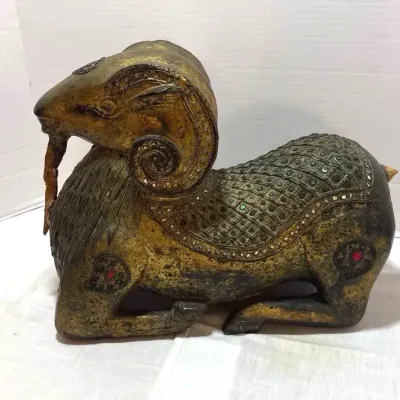 Indian Carved Wood Ram w Jeweled Inlay 