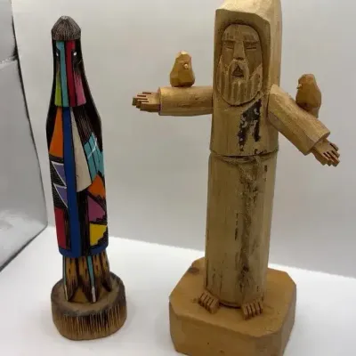 Saint Francis and Navajo Long Hair Kachina Doll Carved Folk Art Sculptures 