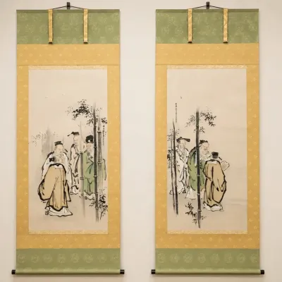 "SEVEN SAGES OF THE BAMBOO GROVE" PAIR OF ORIGINAL HANGING SCROLLS